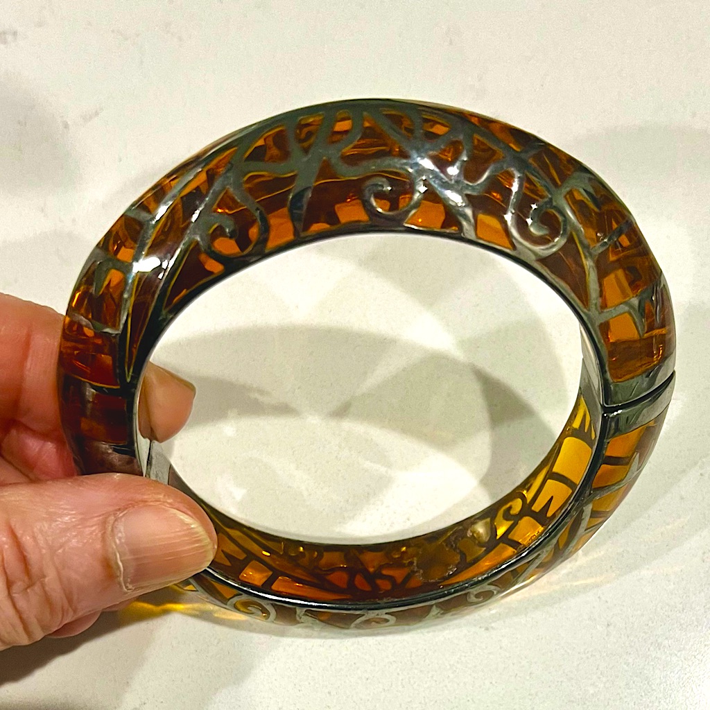 Vintage Cristina Sabatini Amber Tinted Lucite And Silver Hinged Bracelet, Euc